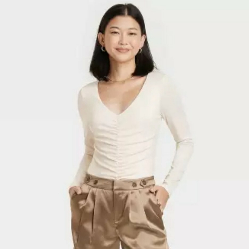 A New Day - Slim Long Sleeve Ruched Bosy Suit NWT - Cream - Stretch XS